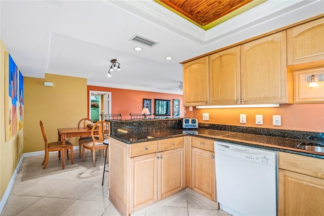 kitchen with dishwasher, light brown cabinetry, kitchen peninsula, and crown molding