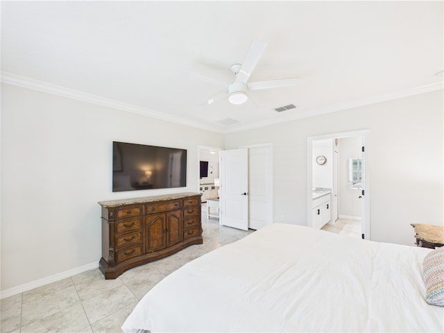 6104 Spicewood Ln, Vero Beach, FL 32966 - bedroom with ornamental molding, ensuite bathroom, light tile patterned floors, and a ceiling fan