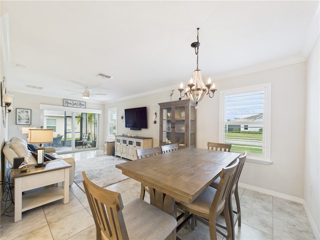 6104 Spicewood Ln, Vero Beach, FL 32966 - dining area with a chandelier, ornamental molding, light tile patterned floors, and ceiling fan