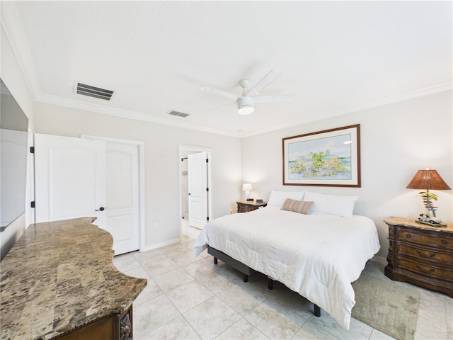 6104 Spicewood Ln, Vero Beach, FL 32966 - bedroom featuring ornamental molding, ceiling fan, and light tile patterned floors