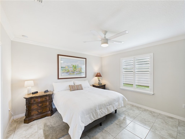 6104 Spicewood Ln, Vero Beach, FL 32966 - bedroom with ornamental molding, a ceiling fan, and light tile patterned flooring
