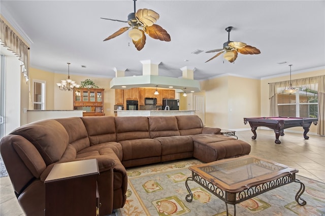 living room with crown molding, light tile patterned floors, pool table, and ceiling fan