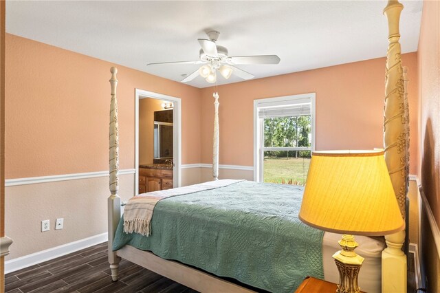 bedroom featuring ceiling fan and dark hardwood / wood-style flooring