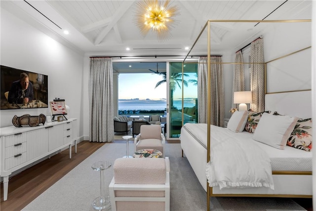 bedroom with access to exterior, beam ceiling, dark hardwood / wood-style flooring, and wooden ceiling