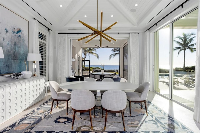 tiled dining room featuring a chandelier, a water view, and wooden ceiling