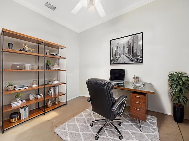 9535 E Maiden Ct, Vero Beach, FL 32963 - office featuring crown molding and ceiling fan