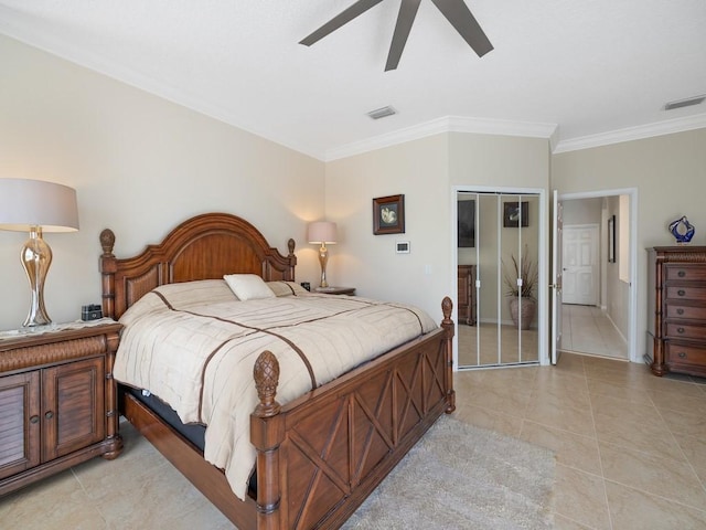 9535 E Maiden Ct, Vero Beach, FL 32963 - bedroom with ornamental molding, ceiling fan, a closet, and light tile patterned floors