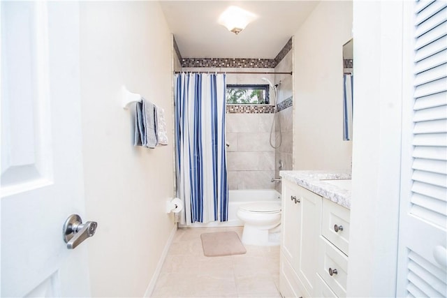 full bathroom featuring toilet, shower / bathtub combination with curtain, tile patterned floors, and vanity