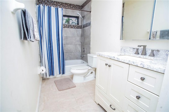 full bathroom featuring toilet, tile patterned floors, shower / bath combo, and vanity