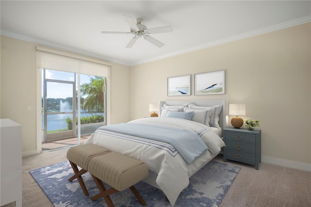 bedroom with ceiling fan, a water view, light colored carpet, and access to outside