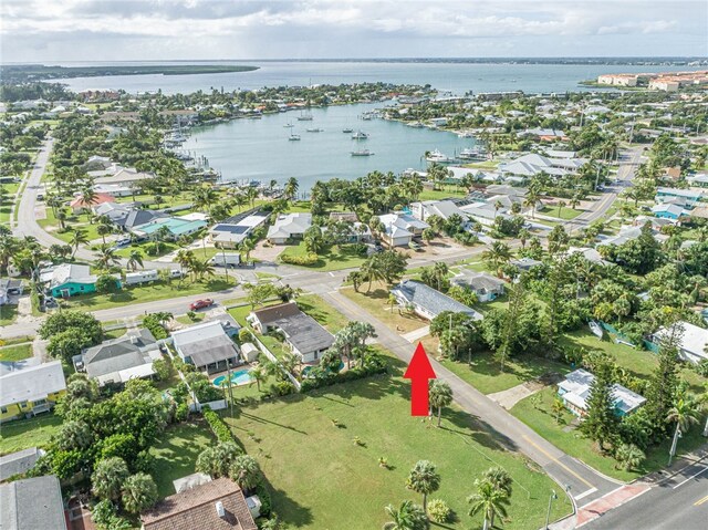 aerial view featuring a water view