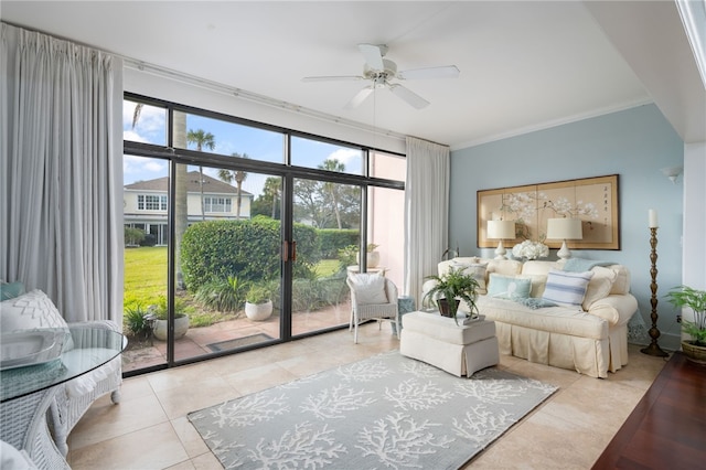 tiled bedroom featuring ceiling fan, access to exterior, and crown molding