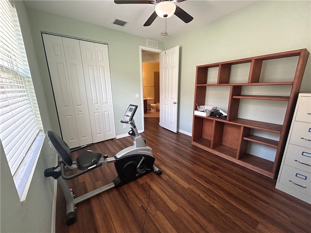 exercise area with ceiling fan and dark hardwood / wood-style flooring