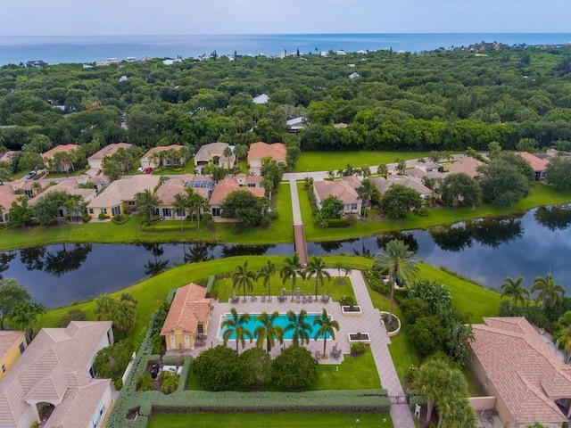 drone / aerial view with a water view