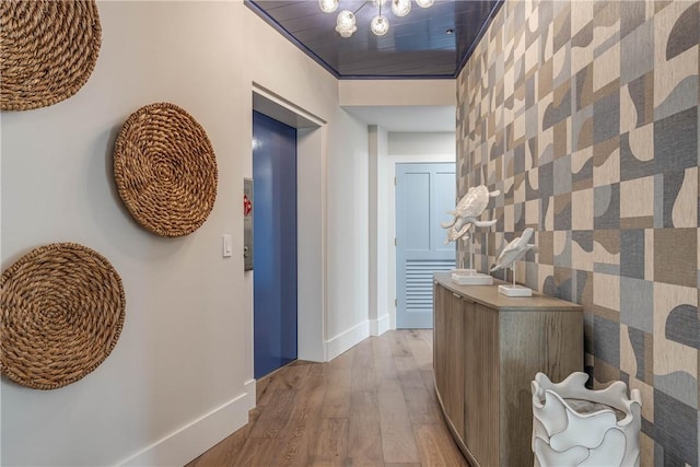 hallway with light hardwood / wood-style floors