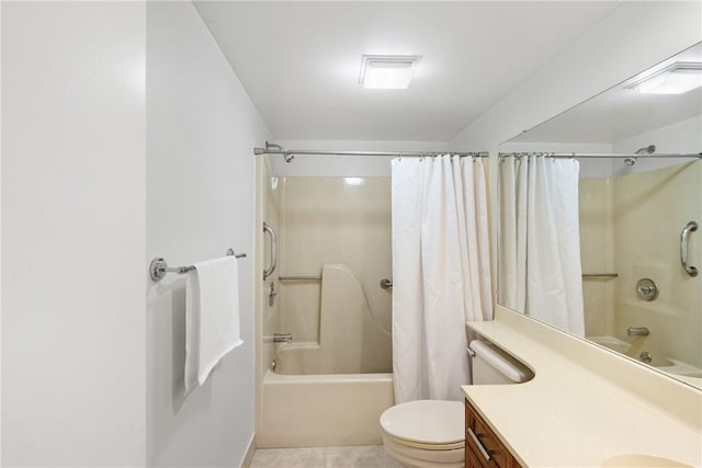 full bathroom featuring vanity, tile patterned flooring, shower / bath combo with shower curtain, and toilet