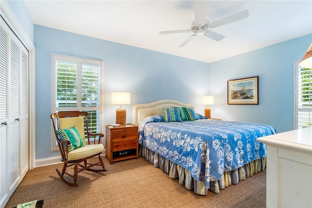 bedroom featuring a closet, carpet flooring, and ceiling fan