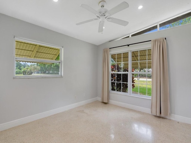 660 14th St, Vero Beach, FL 32960 - empty room with speckled floor, lofted ceiling, baseboards, recessed lighting, and ceiling fan