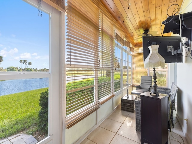 sunroom / solarium with a water view and wooden ceiling