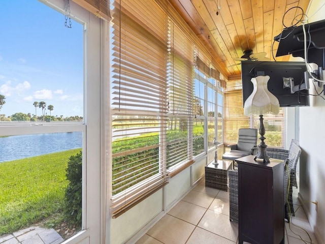 sunroom featuring a water view and wood ceiling