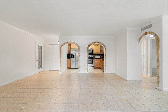 unfurnished living room featuring light tile patterned floors and crown molding