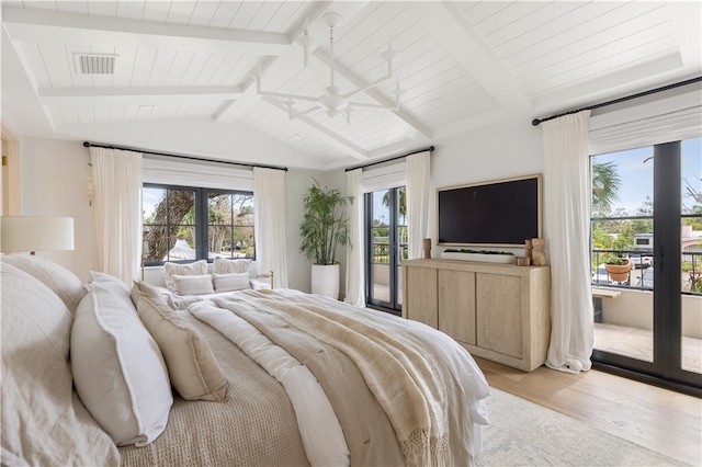 bedroom with light hardwood / wood-style floors, access to exterior, vaulted ceiling with beams, and french doors