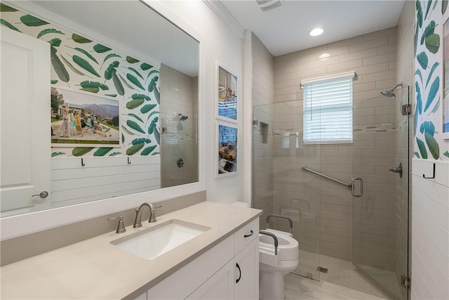 full bath featuring a stall shower, toilet, vanity, and recessed lighting