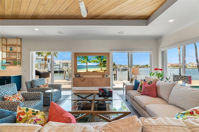 815 Starboard Dr, Vero Beach, FL 32963 - living room with crown molding, wood ceiling, and a water view