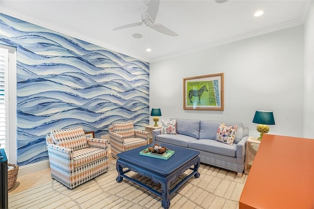 815 Starboard Dr, Vero Beach, FL 32963 - living room with ceiling fan and ornamental molding
