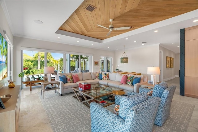 815 Starboard Dr, Vero Beach, FL 32963 - tiled living room featuring crown molding, ceiling fan, a tray ceiling, and wooden ceiling