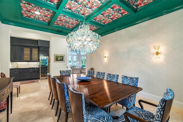 815 Starboard Dr, Vero Beach, FL 32963 - dining area featuring coffered ceiling, a notable chandelier, wine cooler, and bar area