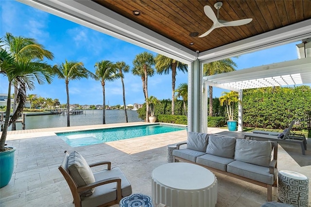 view of swimming pool featuring a water view, ceiling fan, an outdoor living space, and a patio