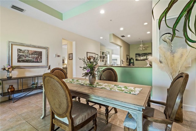 dining area with recessed lighting, visible vents, light tile patterned flooring, and ceiling fan