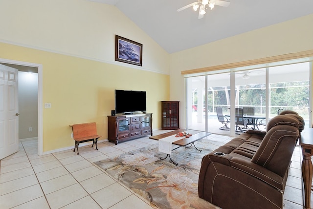 living room featuring high vaulted ceiling, light tile patterned floors, and ceiling fan