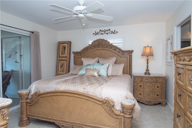 bedroom featuring ceiling fan and light tile patterned floors