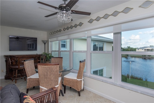 sunroom featuring ceiling fan and a water view