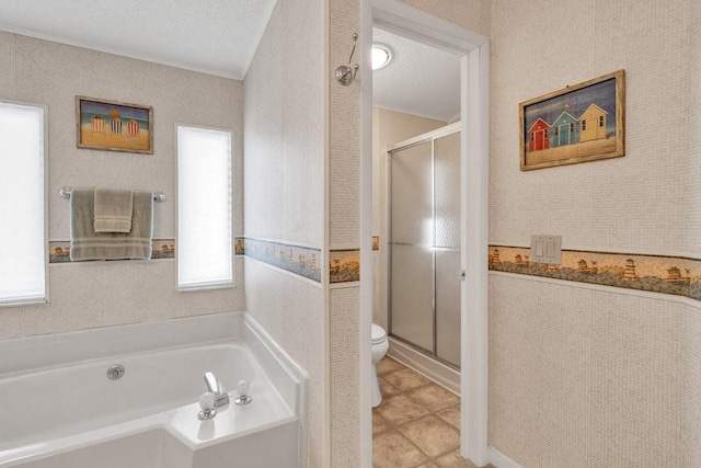 bathroom with separate shower and tub, crown molding, a textured ceiling, and toilet