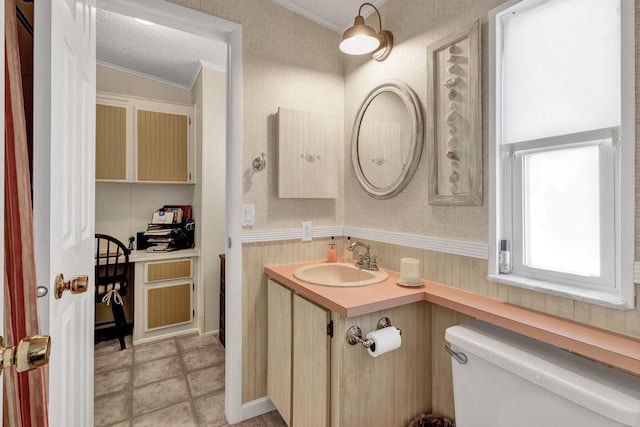 bathroom featuring lofted ceiling, toilet, a textured ceiling, vanity, and ornamental molding