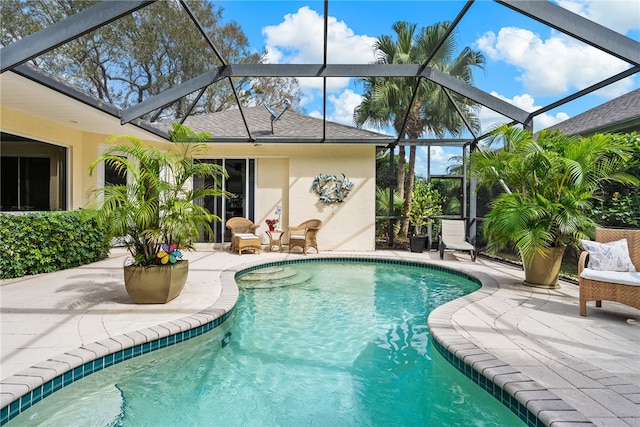 view of swimming pool with a lanai and a patio area