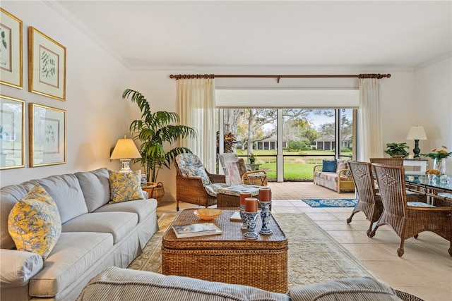 living room with light tile patterned flooring and crown molding