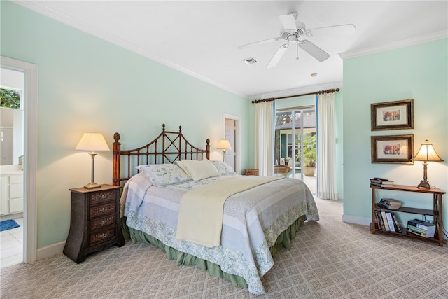 bedroom with ceiling fan, multiple windows, and light carpet