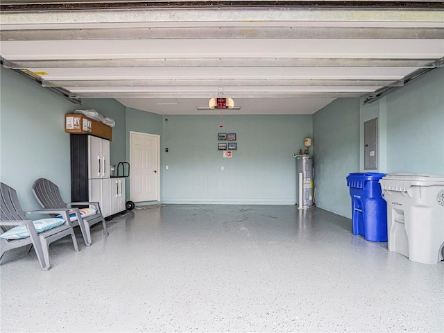 garage featuring a garage door opener, electric panel, and water heater