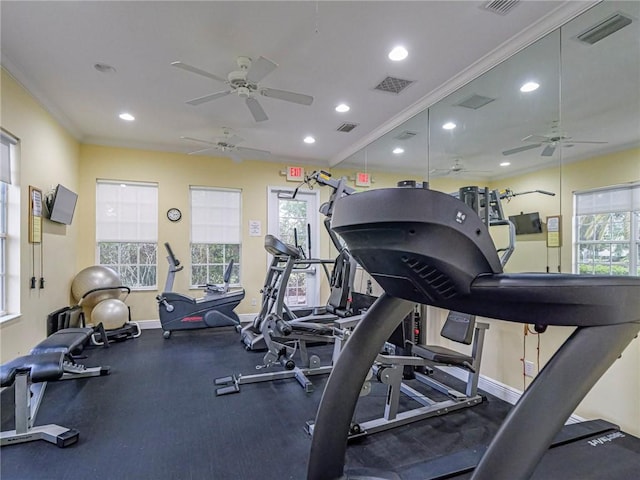 exercise room with crown molding and plenty of natural light