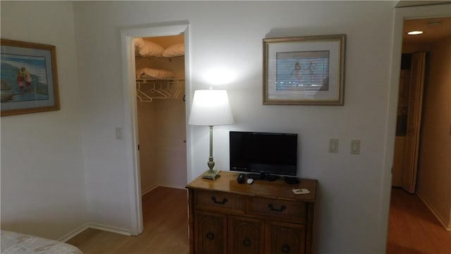 bedroom with light hardwood / wood-style floors, a spacious closet, and a closet