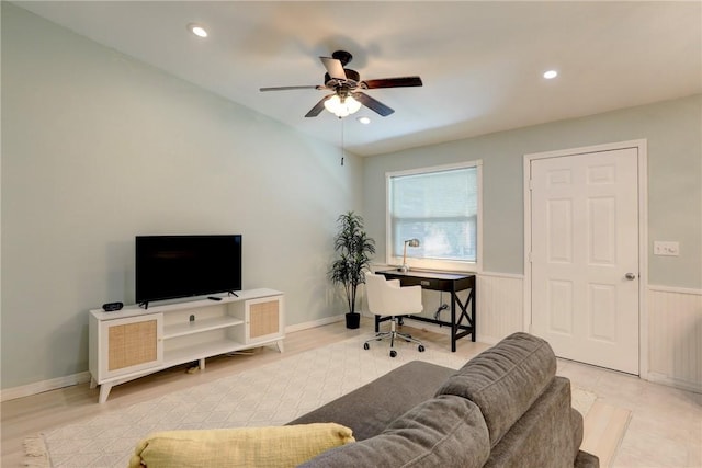 8520 US Highway 1 Unit 11E, Micco, FL 32976 - living room with wainscoting, a ceiling fan, and recessed lighting