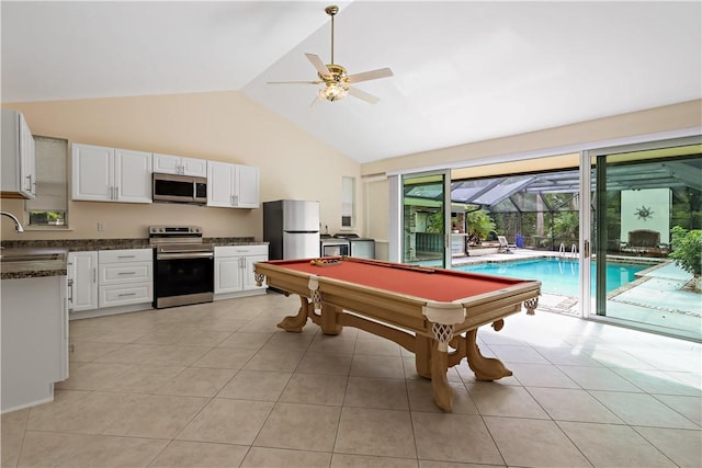 6235 4th St, Vero Beach, FL 32968 - game room with a ceiling fan, high vaulted ceiling, billiards, and light tile patterned floors