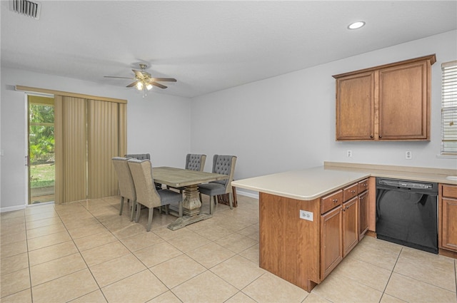 kitchen with ceiling fan, kitchen peninsula, black dishwasher, and light tile patterned flooring