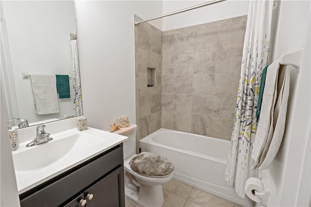 full bathroom with tile patterned flooring, shower / bath combination with curtain, vanity, and toilet