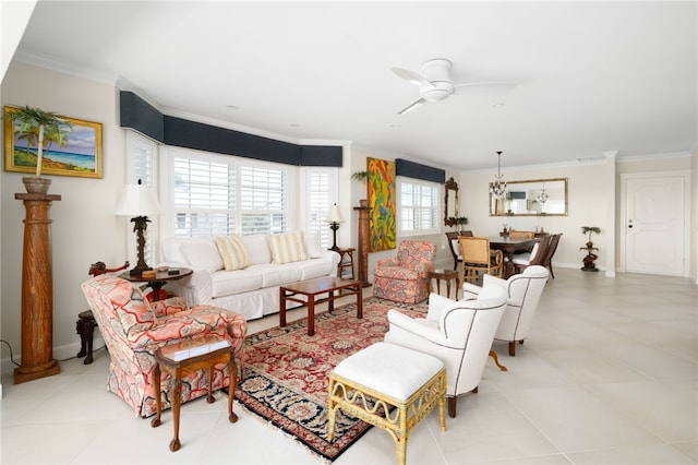 living room featuring ceiling fan and ornamental molding