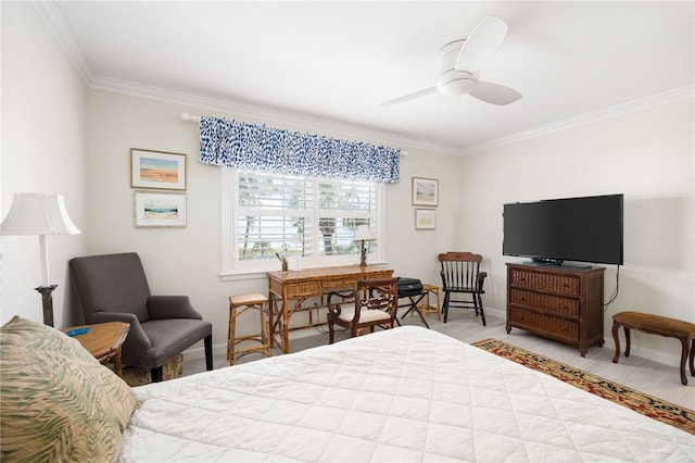 bedroom featuring ceiling fan and ornamental molding